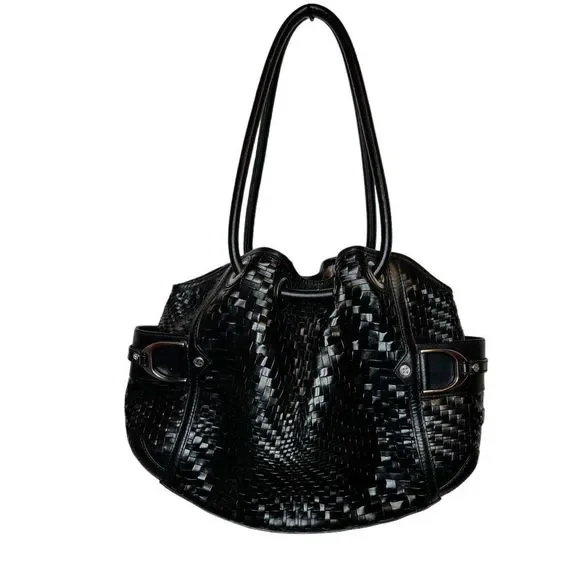 COLE HAAN Village Weave Leather Handbag Hobo or Circular in Black - Picture 2 of 16